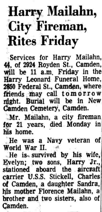 Harry Mailahn, City Fireman, Rites Friday, Camden Courier-Post, February 3, 1971