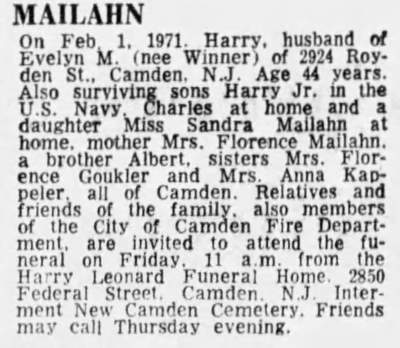 Mailahn death notice, Camden Courier-Post, February 4, 1971
