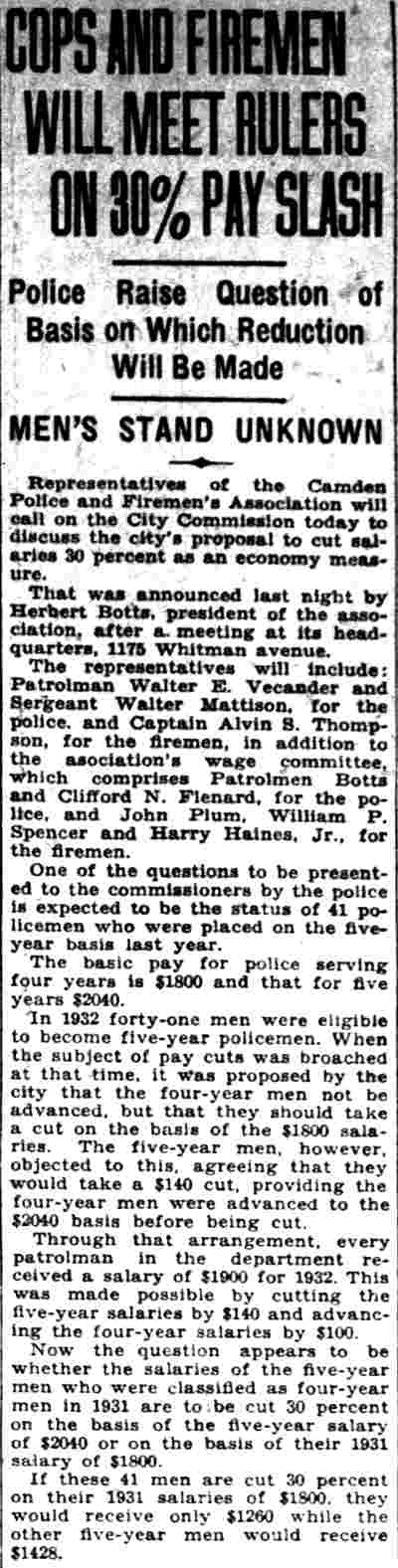 Camden Courier-Post, January 6, 1933: Cops and firemen will meet rulers on 30% pay slash