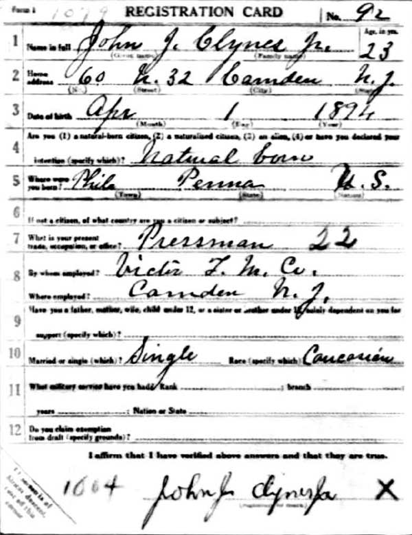 John Joseph Clynes Jr. World War I draft registration card (front)
