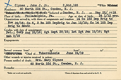 Camden County World War I Honor Roll card — John Joseph Clynes Jr.