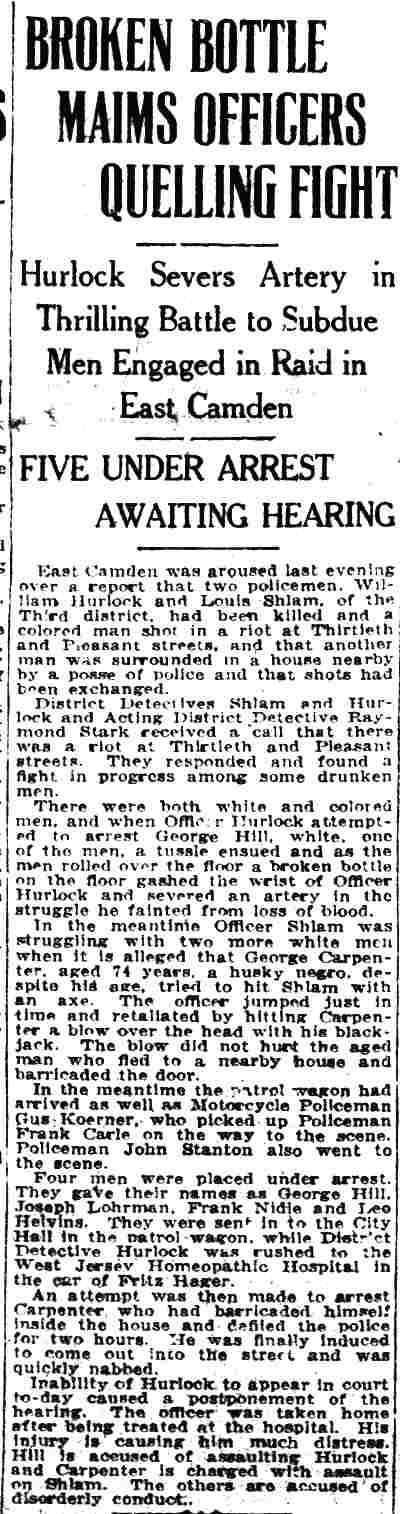 Camden Courier-Post clipping: Broken Bottle Maims Officers Quelling Fight