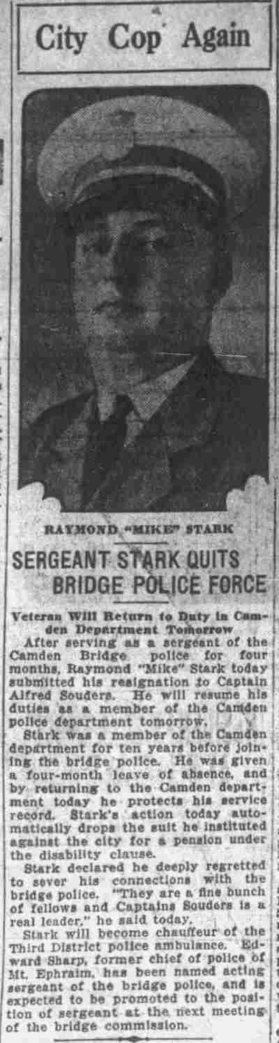 Camden Post-Telegram clipping: Sergeant Stark Quits Bridge Police Force