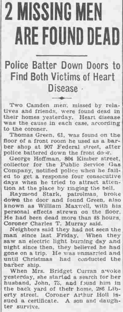 Camden Courier-Post clipping: 2 Missing Men Are Found Dead