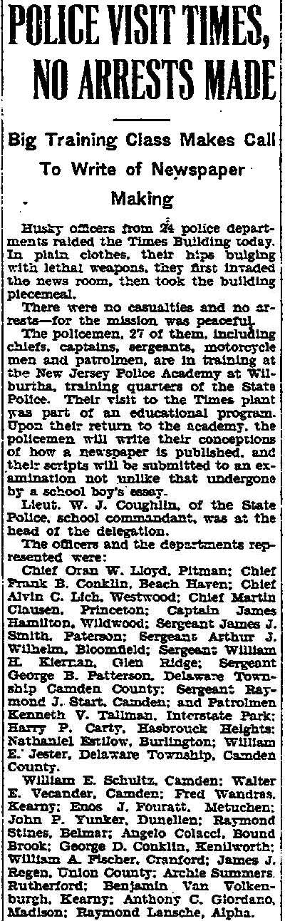 Trenton Times clipping: Police Visit Times, No Arrests Made