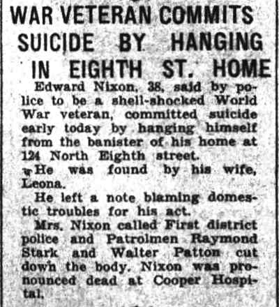 Camden Courier-Post clipping: War Veteran Commits Suicide by Hanging in Eighth St. Home