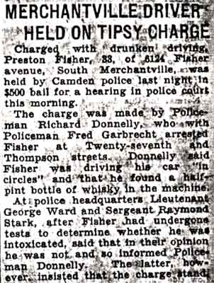 Camden Courier-Post clipping: Merchantville Driver Held on Tipsy Charge