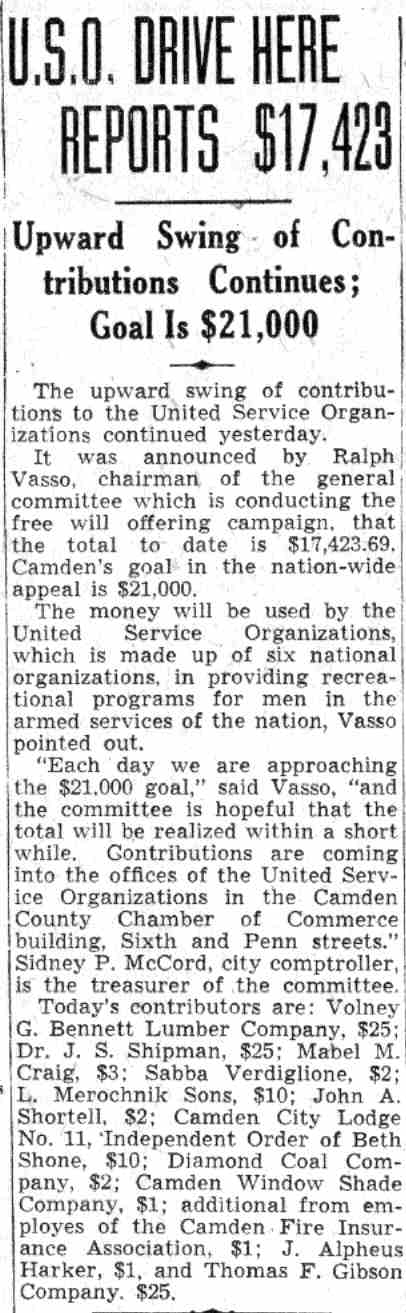 Newspaper article 'U.S.O. Drive Here Reports $17,423', Camden Courier-Post, July 30, 1941