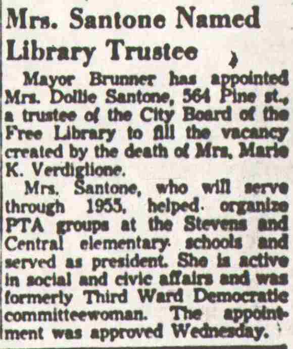 Newspaper article 'Mrs. Santone Named Library Trustee', Camden Courier-Post, December 31, 1953