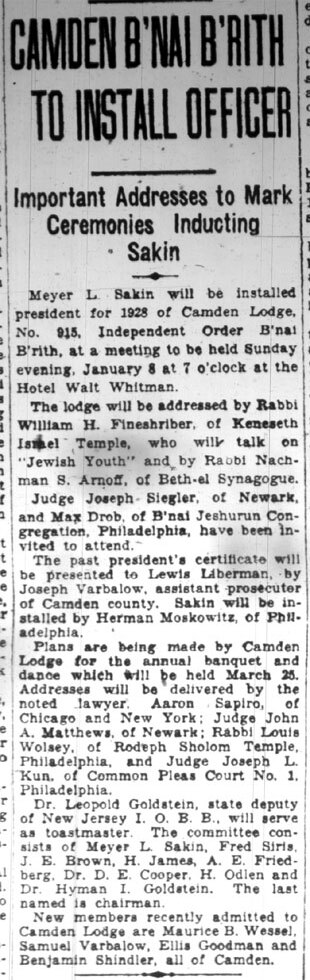 Newspaper article 'Camden B'nai B'rith to Install Officer', Camden Courier-Post, January 4, 1928