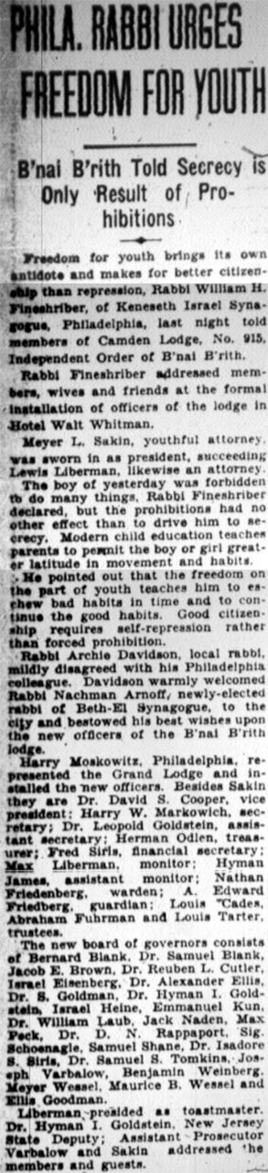 Newspaper article 'Phila. Rabbi Urges Freedom for Youth', Camden Courier-Post, January 9, 1928