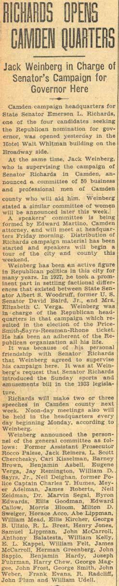 Newspaper article 'Richards Opens Camden Quarters', Camden Courier-Post, May 2, 1934
