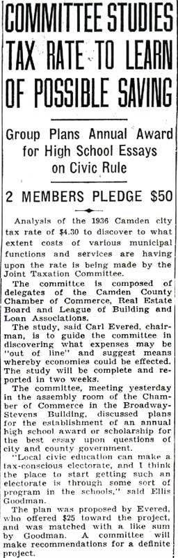 Newspaper article 'Committee Studies Tax Rate to Learn of Possible Saving', Camden Courier-Post, October 28, 1936