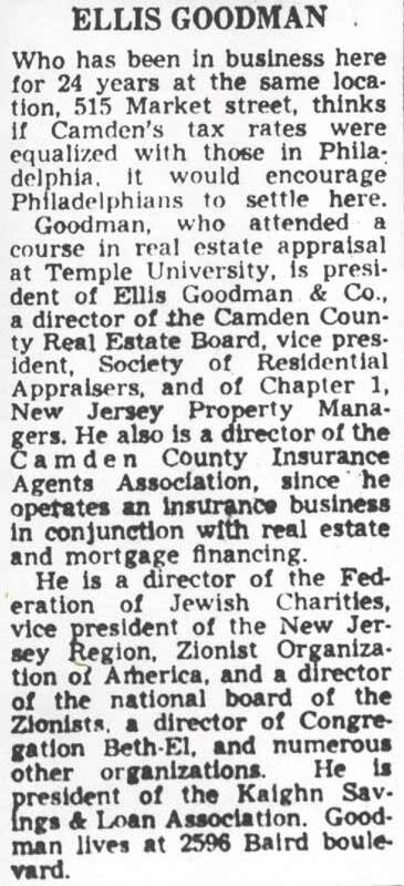 Newspaper profile 'Ellis Goodman', Camden Courier-Post, July 9, 1950