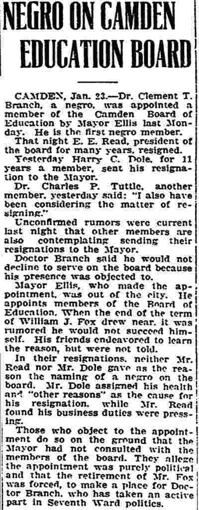 Newspaper article 'Negro on Camden Education Board', Trenton Evening Times, January 23, 1920