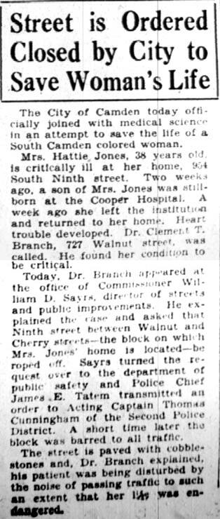 Newspaper article 'Street is Ordered Closed by City to Save Woman's Life', Camden Courier-Post, February 23, 1928