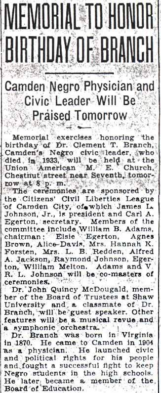 Newspaper article 'Memorial to Honor Birthday of Branch', Camden Courier-Post, January 20, 1938