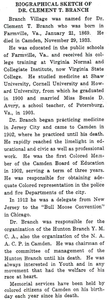 Biographical Sketch of Dr. Clement T. Branch, from the Clement T. Branch Village dedication program, September 27, 1941