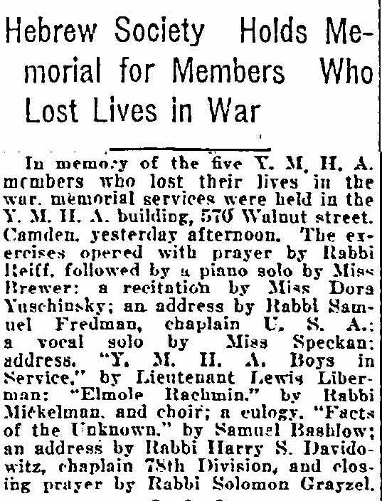 Philadelphia Inquirer, November 13, 1922: Hebrew Society Holds Memorial for Members Who Lost Lives in War