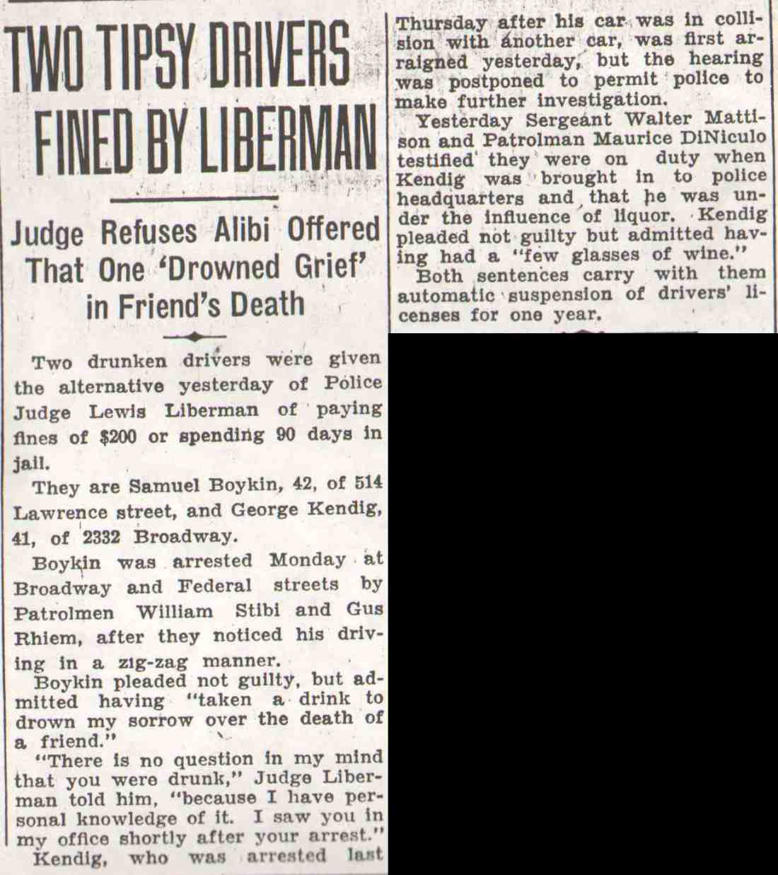 Camden Courier-Post, October 28, 1936: Two Tipsy Drivers Fined by Liberman