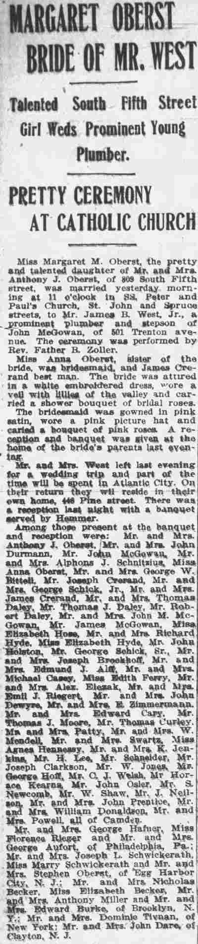 Camden Post-Telegram, April 27, 1911, Margaret Oberst Bride of Mr. West