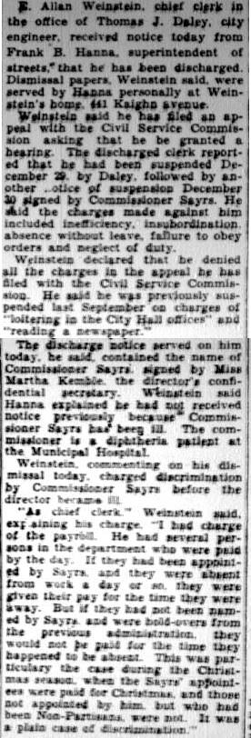 Camden Courier-Post, January 16, 1928, City Engineer Clerk Is Again Discharged
