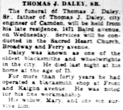 Camden Courier-Post, February 20, 1928, Thomas J. Daley, Sr. obituary