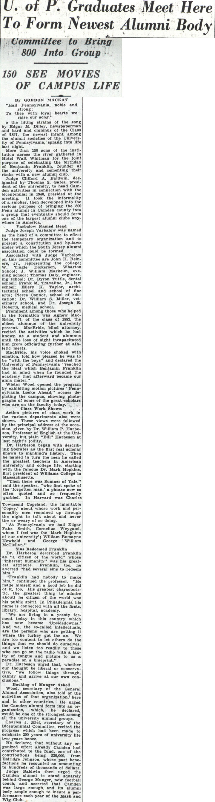 Camden Courier-Post, January 25, 1938, U. of P. Graduates Meet Here To Form Newest Alumni Body