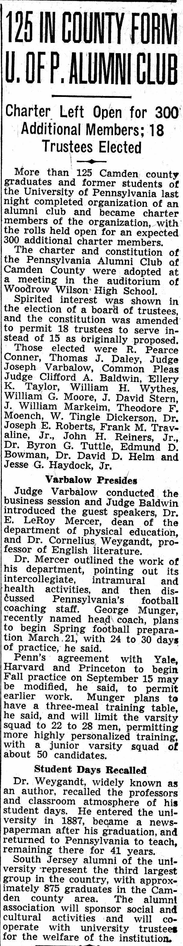 Camden Courier-Post, February 23, 1938, 125 in County Form U. of P. Alumni Club