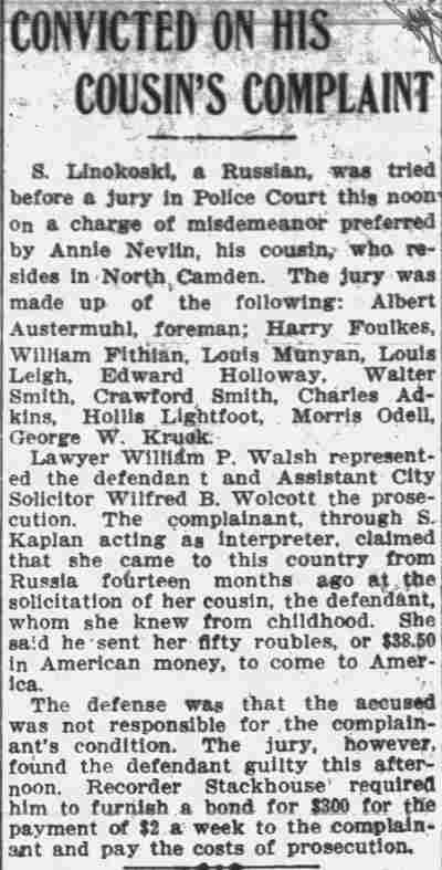 Newspaper article, 'Convicted on His Cousin's Complaint,' Camden Post-Telegram, December 12, 1908