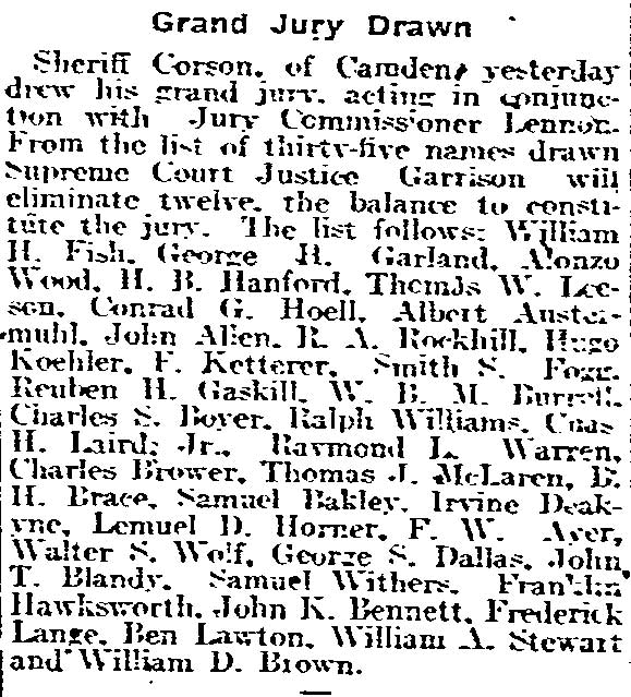 Newspaper article, 'Grand Jury Drawn,' listing the Camden County grand jury, Philadelphia Inquirer, March 23, 1918