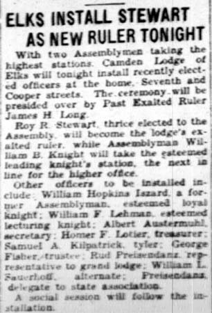 Newspaper article, 'Elks Install Stewart as New Ruler Tonight,' Camden Courier-Post, April 4, 1928