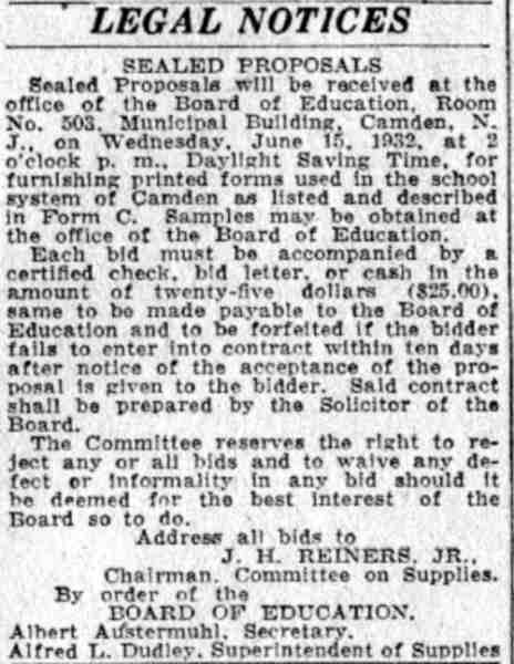 Legal notice, 'Sealed Proposals,' Camden Board of Education, Camden Courier-Post, June 6, 1932