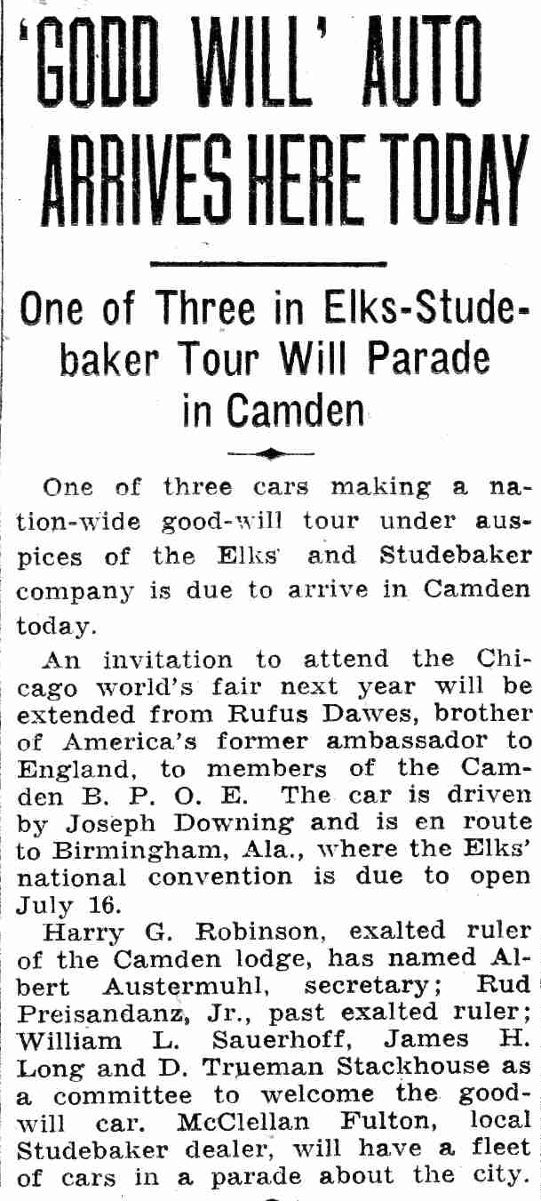 Newspaper article, 'Good Will' Auto Arrives Here Today, on the Elks-Studebaker tour, Camden Courier-Post, June 18, 1932