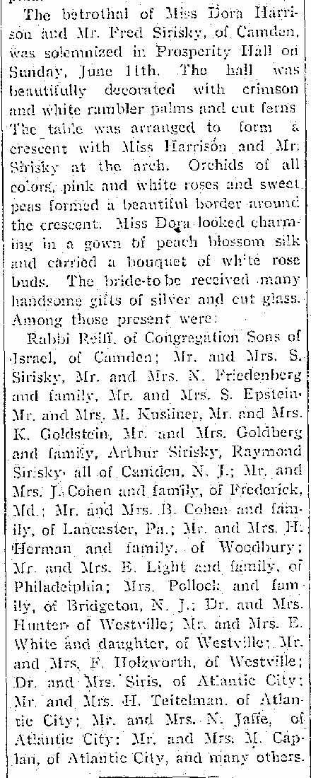 Woodbury Daily Times article on the betrothal of Miss Dora Harrison and Mr. Fred Sirisky, with a list of guests including Rabbi Reiff