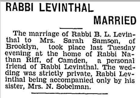 Jewish Exponent article "Rabbi Levinthal Married" about a wedding held at the home of Rabbi Nathan Riff of Camden