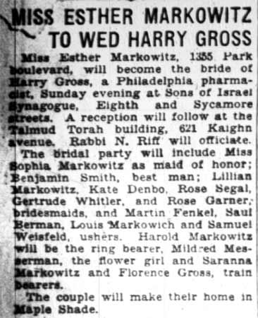 Camden Courier-Post article "Miss Esther Markowitz to Wed Harry Gross" announcing a wedding at Sons of Israel Synagogue with Rabbi N. Riff officiating