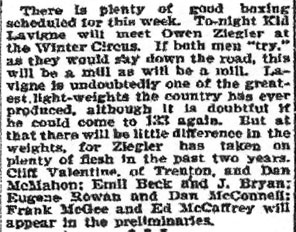 Inquirer boxing notes (no headline printed) previewing Kid Lavigne vs. Owen Ziegler and the preliminaries including Dan McConnell