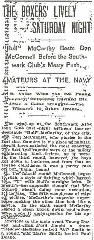 Inquirer boxing report "The Boxers' Lively Saturday Night" on Bull McCarthy beating Dan McConnell at the Southwark Athletic Club