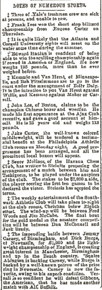 Inquirer sports column "Notes of Numerous Sports" listing Dan McConnell in the Southwark Athletic Club amateur final