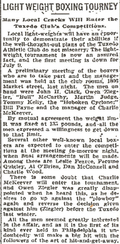 Inquirer boxing article "Light Weight Boxing Tourney" about the Tuxedo Athletic Club lightweight tournament