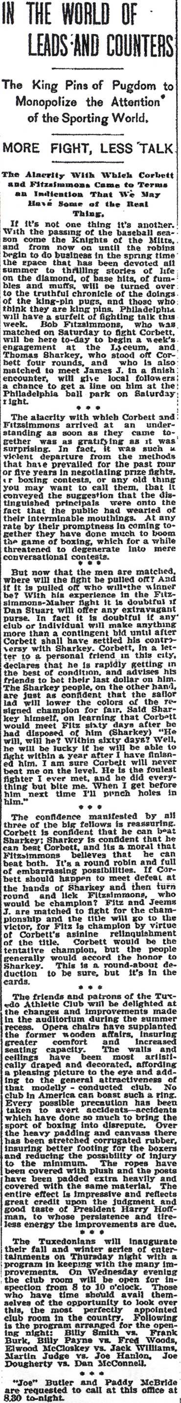 Inquirer boxing column "In the World of Leads and Counters" on Corbett, Fitzsimmons and Sharkey and the Tuxedo Athletic Club's fall program