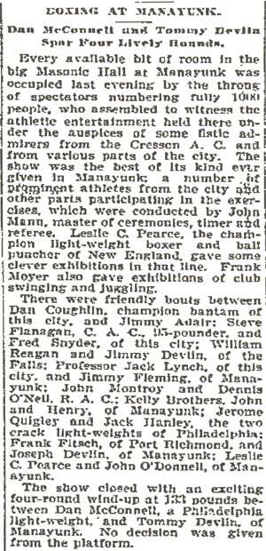 Inquirer boxing report "Boxing at Manayunk" on a Masonic Hall show ending with Dan McConnell vs. Tommy Devlin