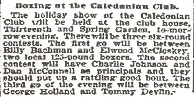Inquirer boxing notice "Boxing at the Caledonian Club" announcing Charlie Johnson vs. Dan McConnell