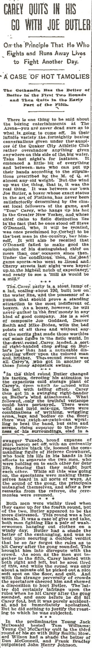 Newspaper article, Carey Quits in His Go with Joe Butler