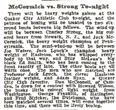 Newspaper clipping, McCormick vs. Strong To-night: Quaker City Athletic Club boxing card including Dan McConnell of Camden