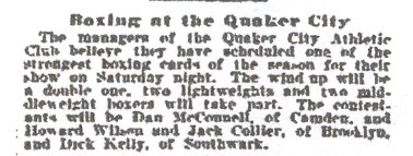 Newspaper clipping, Boxing at the Quaker City: Dan McConnell of Camden on the Quaker City Athletic Club card