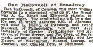 Newspaper clipping, Dan McConnell at Broadway: McConnell to meet Tommy Edwards at the Broadway A. C.