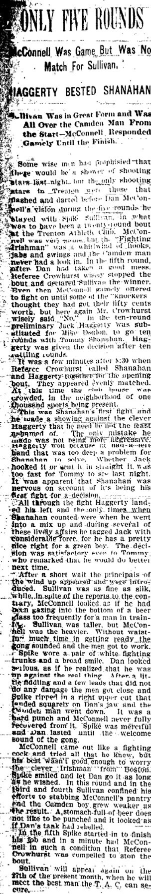 Newspaper article, Only Five Rounds: McConnell was game but no match for Spike Sullivan at the Trenton Athletic Club