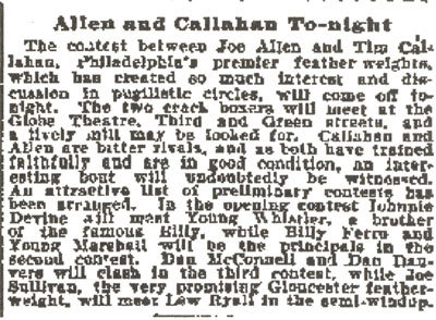 Newspaper clipping, Allen and Callahan To-night: Globe Theatre card including Dan McConnell and Dan Danvers